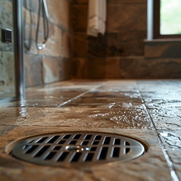 Close to the drain of a clean shower.