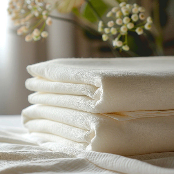 Fresh bed linens folder on a table.